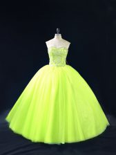 Most Popular Sweetheart Sleeveless Quinceanera Gown Floor Length Beading Yellow Green Tulle