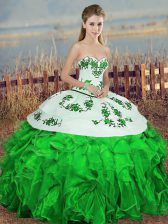 Modest Green Organza Lace Up Quinceanera Dresses Sleeveless Floor Length Embroidery and Ruffles and Bowknot