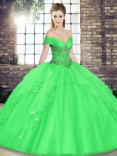 Luxurious Green Ball Gown Prom Dress Military Ball and Sweet 16 and Quinceanera with Beading and Ruffles Off The Shoulder Sleeveless Lace Up