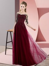 Designer Floor Length Burgundy Vestidos de Damas Bateau Half Sleeves Lace Up