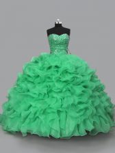 Unique Green Sleeveless Beading and Ruffles Floor Length Quince Ball Gowns
