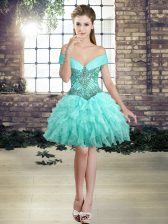  Aqua Blue Organza Lace Up Dress for Prom Sleeveless Mini Length Beading and Ruffles
