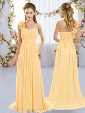 Fine Gold One Shoulder Neckline Hand Made Flower Vestidos de Damas Sleeveless Lace Up