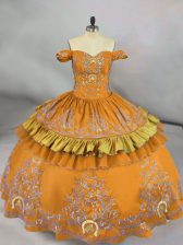 Edgy Sleeveless Floor Length Embroidery Lace Up Quinceanera Gown with Gold