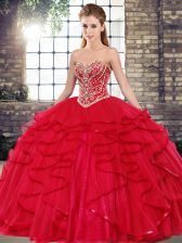 Trendy Floor Length Ball Gowns Sleeveless Red Quinceanera Dresses Lace Up