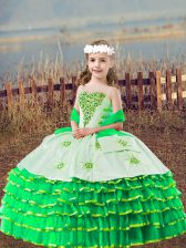 Stunning Straps Sleeveless Pageant Dress Floor Length Beading and Embroidery and Ruffled Layers Green Organza