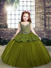  Olive Green Tulle Straps Sleeveless Beading Floor Length Lace Up Pageant Dress