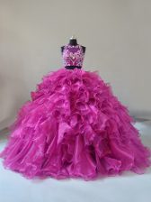 Elegant Fuchsia Two Pieces Scoop Sleeveless Organza Brush Train Zipper Beading and Ruffles Sweet 16 Dresses