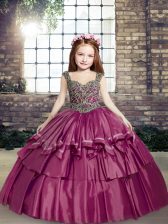  Fuchsia Ball Gowns Beading Girls Pageant Dresses Lace Up Taffeta Sleeveless Floor Length