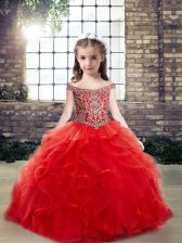 Custom Designed Off The Shoulder Sleeveless Lace Up Little Girl Pageant Dress Red Tulle