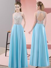  Beading Prom Evening Gown Baby Blue Backless Sleeveless Floor Length