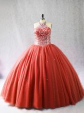 Decent Sleeveless Tulle Brush Train Lace Up Vestidos de Quinceanera in Red with Beading
