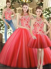  Red Halter Top Lace Up Embroidery Quinceanera Gowns Sleeveless