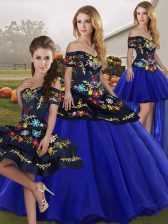 On Sale Royal Blue Tulle Lace Up Sweet 16 Quinceanera Dress Sleeveless Floor Length Embroidery