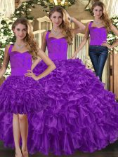 Excellent Purple Three Pieces Ruffles 15 Quinceanera Dress Lace Up Organza Sleeveless Floor Length