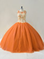 Delicate Tulle Scoop Sleeveless Lace Up Beading and Appliques Sweet 16 Dresses in Orange