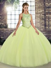 Sumptuous Tulle Scoop Sleeveless Lace Up Embroidery Quinceanera Dress in Yellow Green