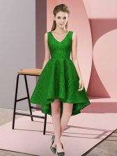 Flare Lace V-neck Sleeveless Zipper Lace Dama Dress for Quinceanera in Green