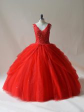  Red Ball Gowns Tulle V-neck Sleeveless Beading Floor Length Zipper 15 Quinceanera Dress