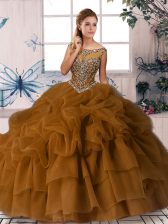 Customized Sleeveless Organza Brush Train Zipper Quinceanera Dresses in Brown with Beading and Pick Ups