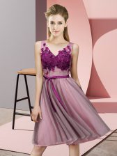  Pink Sleeveless Knee Length Appliques Lace Up Damas Dress