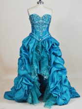 Smart High Low Teal Prom Dresses Taffeta Sleeveless Beading and Pick Ups