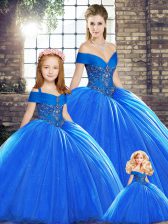  Off The Shoulder Sleeveless Sweet 16 Dress Brush Train Beading Royal Blue Organza