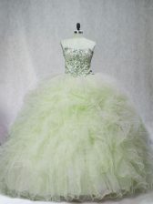 Fancy Yellow Green Sleeveless Tulle Brush Train Lace Up Vestidos de Quinceanera for Sweet 16 and Quinceanera