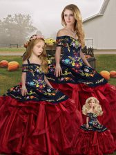Custom Fit Floor Length Red And Black Quinceanera Dress Organza Sleeveless Embroidery and Ruffles