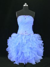 Delicate Mini Length Blue Dress for Prom Organza Sleeveless Beading and Ruffles