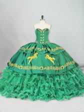  Green Ball Gowns Sweetheart Sleeveless Embroidery and Ruffled Layers Lace Up Quinceanera Dresses Brush Train
