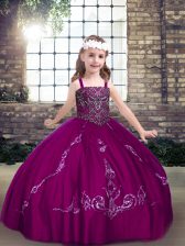  Fuchsia Tulle Lace Up Straps Sleeveless Floor Length Girls Pageant Dresses Beading