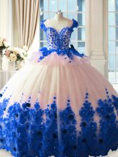  Blue And White Zipper Scoop Hand Made Flower Quinceanera Gown Tulle Sleeveless Brush Train