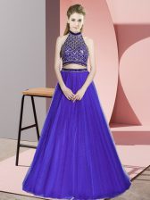  Purple Sleeveless Floor Length Beading Backless 