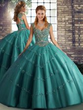 Elegant Beading and Appliques 15 Quinceanera Dress Teal Lace Up Sleeveless Floor Length