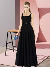 Elegant Black Dama Dress for Quinceanera Wedding Party with Belt Square Sleeveless Zipper