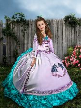  Straps Sleeveless Little Girls Pageant Gowns Sweep Train Embroidery and Ruffles White Satin and Organza