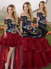  Off The Shoulder Sleeveless Tulle 15 Quinceanera Dress Embroidery and Ruffled Layers Brush Train Lace Up