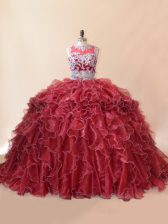  Scoop Sleeveless Brush Train Zipper Vestidos de Quinceanera Red Organza