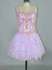 Fancy Spaghetti Straps Sleeveless Lace Up Prom Evening Gown Lavender Tulle