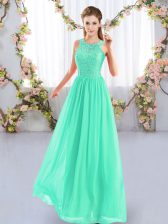 Beautiful Scoop Sleeveless Dama Dress for Quinceanera Floor Length Lace Apple Green Chiffon