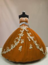  Strapless Sleeveless Lace Up 15 Quinceanera Dress Brown Tulle