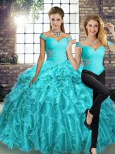 Trendy Organza Off The Shoulder Sleeveless Brush Train Lace Up Beading and Ruffles Quince Ball Gowns in Aqua Blue