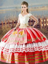  White And Red Sleeveless Embroidery and Ruffled Layers Floor Length Sweet 16 Dresses