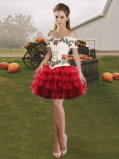 Suitable Wine Red Off The Shoulder Neckline Embroidery and Ruffled Layers Dress for Prom Sleeveless Lace Up