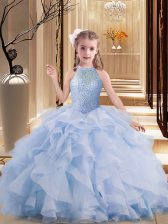  High-neck Sleeveless Tulle Girls Pageant Dresses Beading Brush Train Lace Up