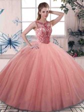 Custom Designed Watermelon Red Sleeveless Beading Floor Length Quinceanera Gown