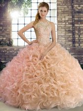 New Arrival Peach Ball Gowns Fabric With Rolling Flowers Scoop Sleeveless Beading Floor Length Lace Up Sweet 16 Dresses
