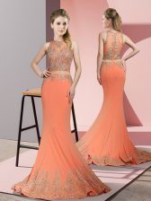 Exceptional Orange Red Mermaid Satin High-neck Sleeveless Beading and Appliques Zipper Prom Dress Sweep Train