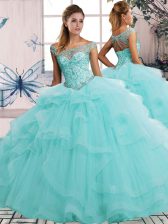  Aqua Blue Quinceanera Gowns Military Ball and Sweet 16 and Quinceanera with Beading and Ruffles Off The Shoulder Sleeveless Lace Up